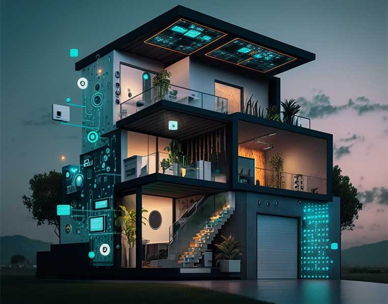A cross section of a house covered in technology